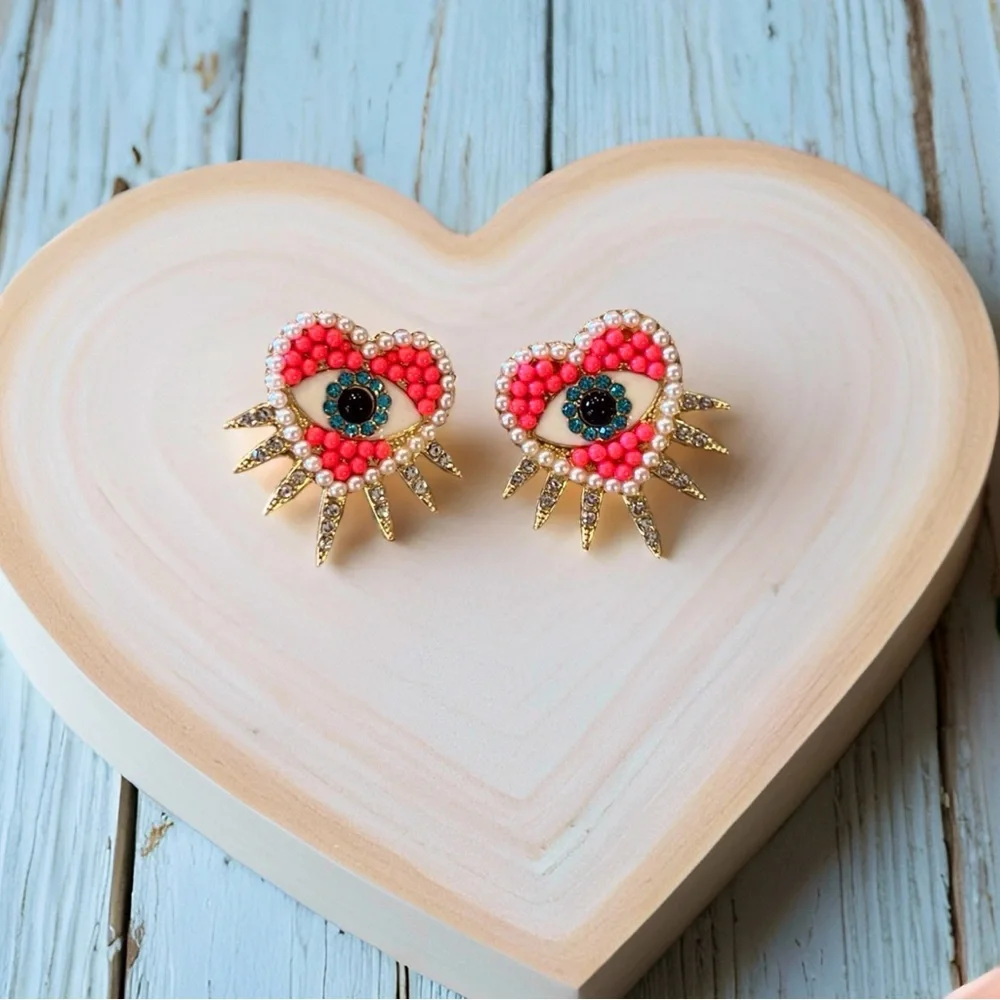 Pink White Gold Heart Rhinestone Evil Eye Post Earrings with Spikes